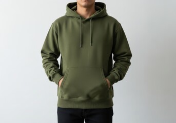 Naklejka na ściany i meble Man wearing a plain olive green hooded sweatshirt with a front pocket, isolated on white background of mockup