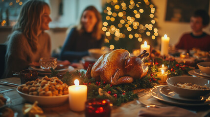 family enjoying New Year dinner together, festive table with roasted turkey and candles, warm lighting