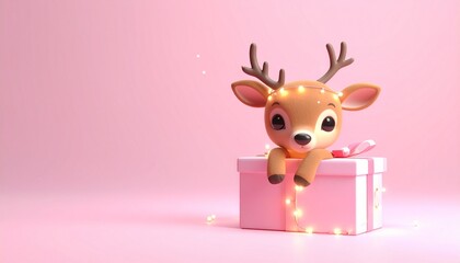 Adorable 3D render of reindeer with Christmas lights wrapped around gift box, pastel pink background, perfect for Christmas marketing, cards, and seasonal holiday illustration.