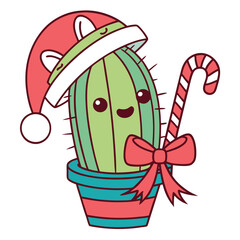 Festive potted cactus wearing Santa hat is decorated with a candy cane bow