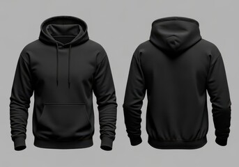 Naklejka na ściany i meble Front and back view of a black hooded sweatshirt with a front pocket, isolated on a grey background of mockup