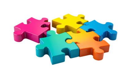 Colorful 3D puzzle pieces with a transparent background combine. Ideal for branding, posters, or presentation templates.