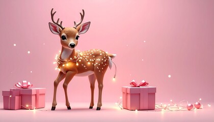 Adorable 3D render of reindeer with Christmas lights wrapped around gift box, pastel pink background, perfect for Christmas marketing, cards, and seasonal holiday illustration.