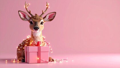 Adorable 3D render of reindeer with Christmas lights wrapped around gift box, pastel pink background, perfect for Christmas marketing, cards, and seasonal holiday illustration.