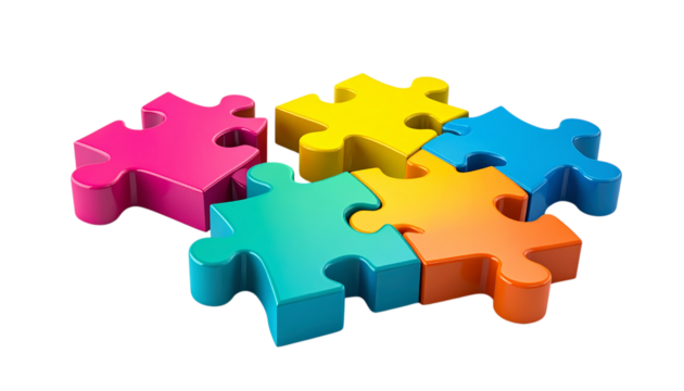 Colorful 3D puzzle pieces with a transparent background combine. Ideal for branding, posters, or presentation templates.