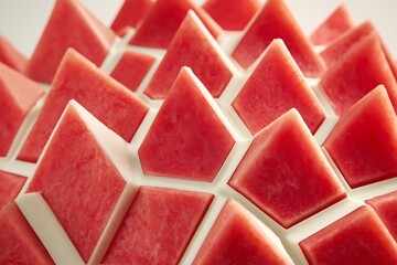 Concentric hexagon pattern of thin watermelon triangles, vibrant color contrast, clean white backdrop, soft shadows
