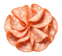 Slices of Italian mortadella sausage arranged neatly.