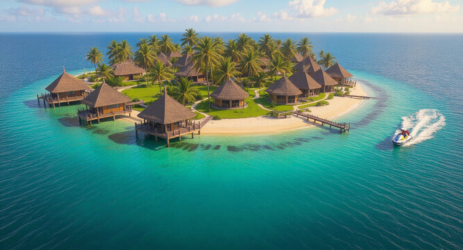 Aerial view of a tropical island with huts palm trees and a jet ski in turquoise ocean waters