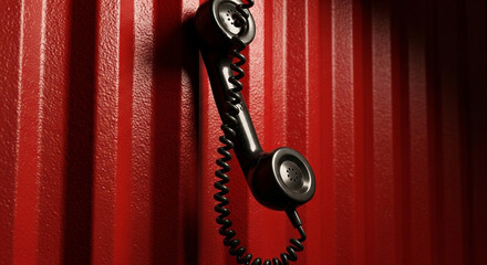 A black telephone receiver hanging against a red corrugated metal wall in a dimly lit setting
