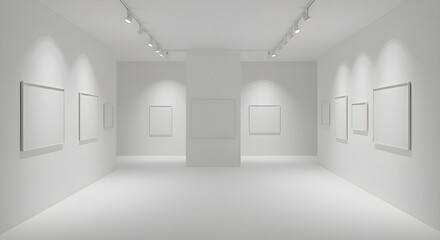 Minimalist White Art Gallery with Empty Frames and Spotlights