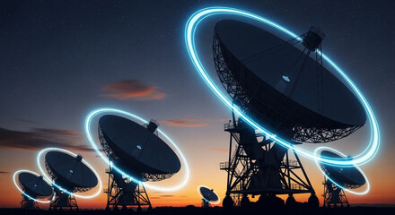 Array of satellite dishes with blue glowing rings against a dusk sky landscape background view
