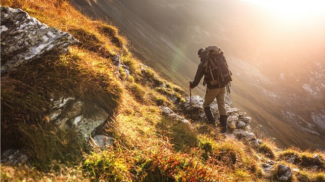 climbing. Solo hiker on mountain trail during golden hour, with blurred mountain backdrop. tourism brochures, itinerary planners, designed for hospitality marketing for hotel rooms and spa retreats.