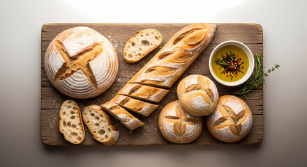 Artisan Bread Assortment on Wooden Board with Olive Oil Rustic Bakery Still Life