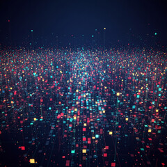 An abstract field of glowing colored cubes with dark background and rising light beams effect