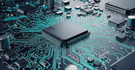 Close up of a computer chip with intricate turquoise circuit patterns on a dark surface background