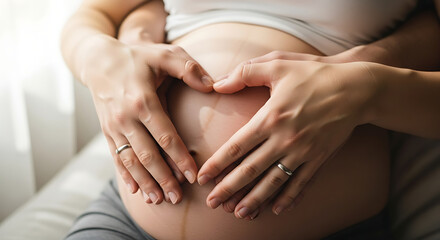 Close-up of a loving couple's hands forming a heart shape over a pregnant woman's baby bump, symbolizing deep affection, anticipation, and the beautiful journey of impending parenthood