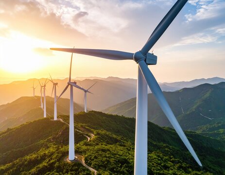 An alternative energy wind farm with green propellers generates clean power in a beautiful blue mountain landscape