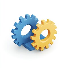 Two interlocking gears, blue and yellow, on a white background.  3D isometric style