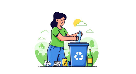 isolated on transparent background Woman recycling plastic bottle into blue bin, promoting environmental awareness and sustainable living in a green landscapeisolated on transparent background