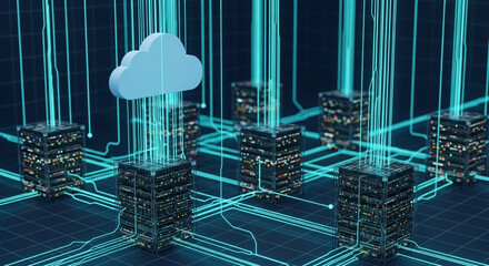 Cloud computing servers connected with glowing lines and a cloud above on a grid background