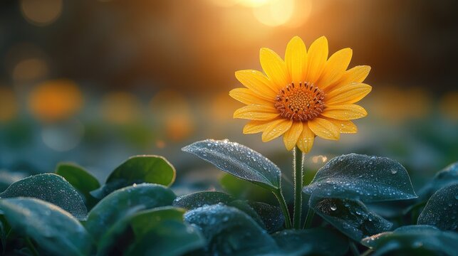 Vibrant yellow flower in a field at sunrise. Dew drops on leaves. - Powered by Adobe