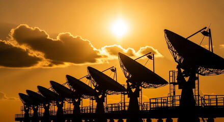 A row of satellite dishes silhouetted against a bright orange sunset with clouds in the background