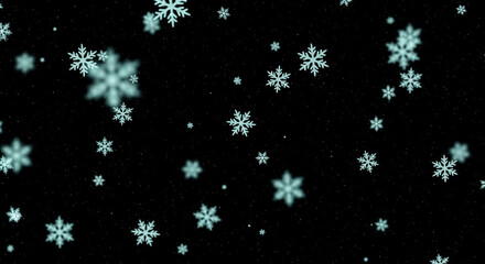 A dark background with several blue snowflakes of varying sizes scattered across the surface area