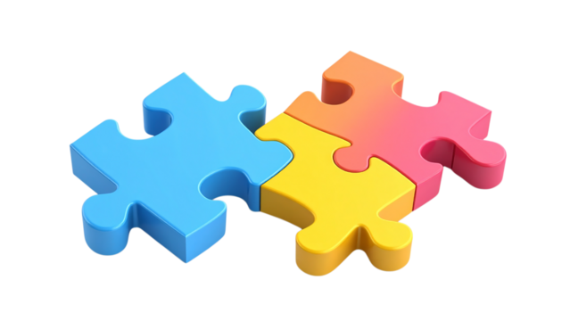 Colorful Puzzle Pieces Join on Transparent Background for Problem Solving.