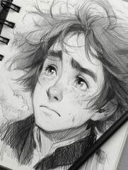 Emotional Hand-Drawn Portrait Sketch of a Young Adult with Tear Stains and Stormy Mood