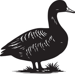 Silhouette of a black duck standing in grass with detailed feather texture in a woodcut style