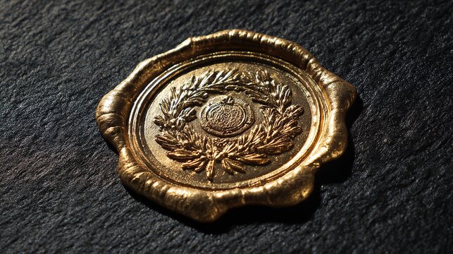 heraldry. A prestigious gold seal stands out against a dark textured backdrop, radiating ceremonial elegance. event programs.
