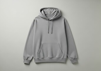 Naklejka na ściany i meble Front view of a grey hooded sweatshirt with a front pocket and drawstring, isolated on a light grey background of mockup