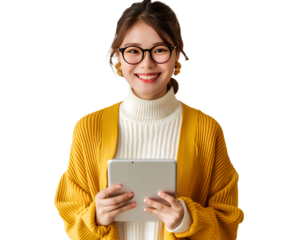 a happy woman holding an ipad, wearing a yellow cardigan and white turtleneck sweater, against a transparent background.