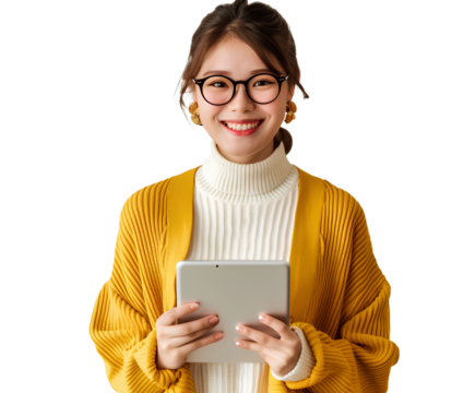 a happy woman holding an ipad, wearing a yellow cardigan and white turtleneck sweater, against a transparent background.