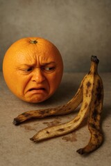 Orange with Facial Expression and Banana Peel