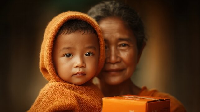Child embracing elderly woman community setting portrait photography warm environment intimate viewpoint generational connection - Powered by Adobe