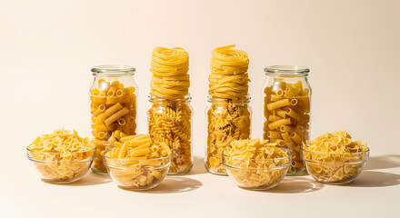 Artisan Pasta Collection Jars and Bowls of Dry Pasta Varieties