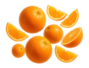 Whole oranges and slices levitating on a white background.