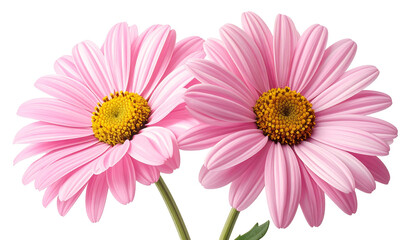 Close-up of two pink daisy flowers.  Soft focus,  showing delicate petals and  yellow centers