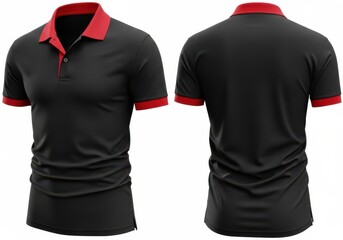 Naklejka na ściany i meble Front and back view of a black polo shirt with red collar and cuffs, isolated on white background of mockup