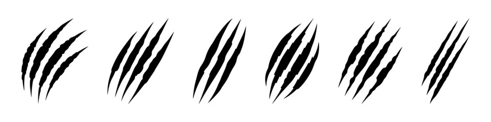 Fototapeta premium Animal claw scratches mark set. Cat tiger scratches paw shape collection.
