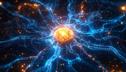 Close-up of a glowing neuron, central bright core, radiating blue tendrils, scattered orange particles, 3D rendering, scientific visualization