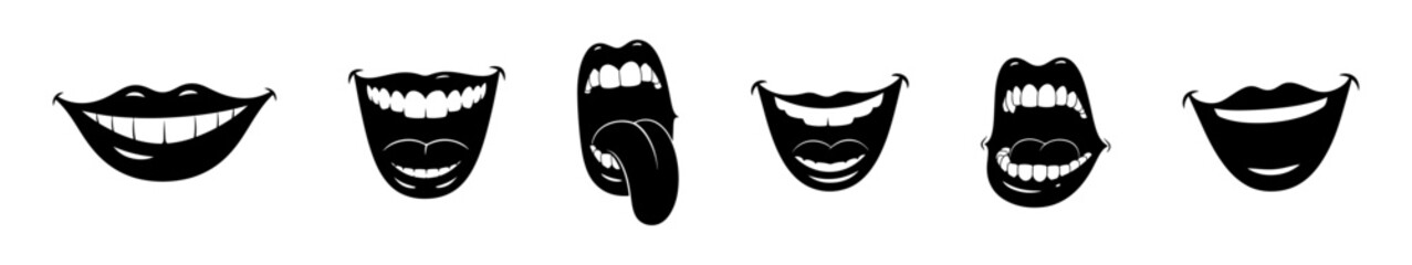 Naklejka premium Lips and mouth in scream and smile. Cartoon mouth collection.