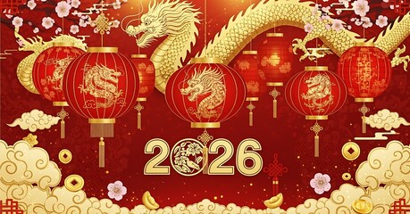 Fototapeta premium A festive chinese new year celebration in 2026 with red lanterns, a golden dragon, and delicate plum blossoms against a vibrant red backdrop, symbolizing prosperity and good fortune