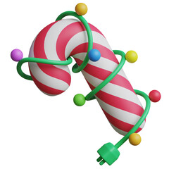 3d render of a Christmas cane decorated with colorful Christmas lights