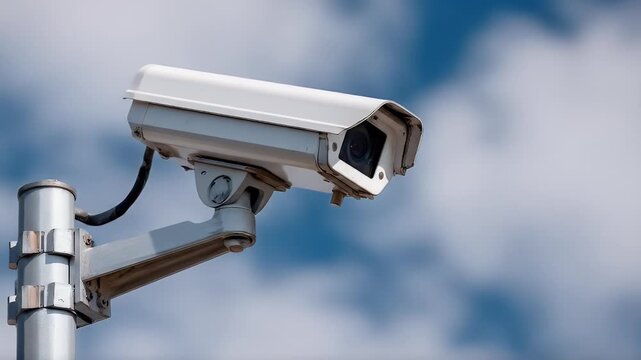 Security camera on a pole against a partly cloudy sky