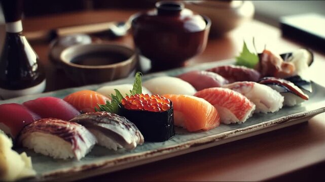 寿司盛り合わせの食卓シーン