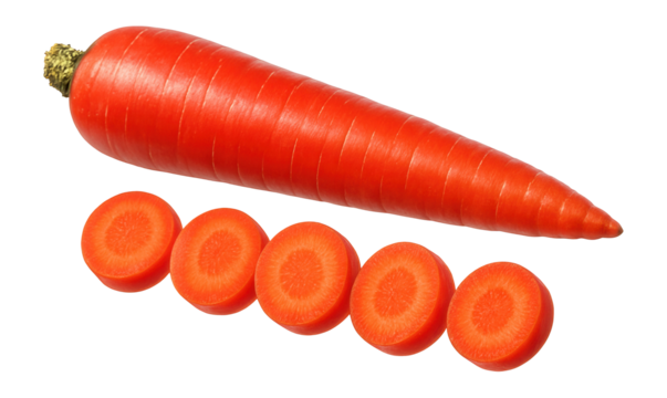 Red carrot with round slices on a white background.
