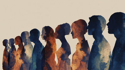 Surreal conceptual illustration of human silhouettes standing line blending into one another symbolizing conformity behavior and group dynamics in psychology no text clean background