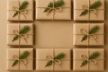 Rustic gifts wrapped in kraft paper with pine sprigs and twine, arranged with empty space for text or design.
